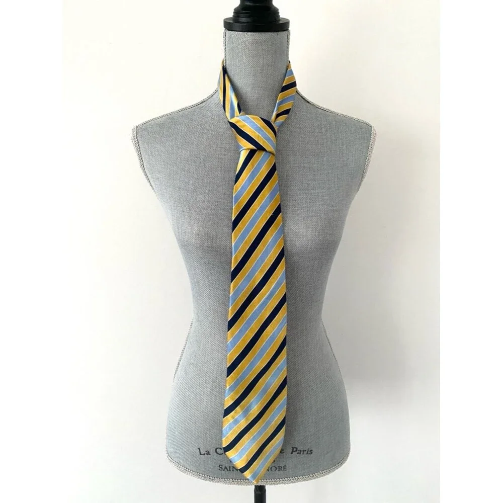VTG Striped Yellow, Navy & Light Blue Men’s Silk Tie Preppy Bright Office Y2K